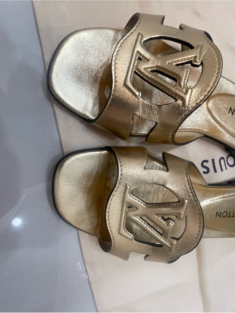 Louis Vuitton Metallic Gold LV Logo Slide Mules Size 38 - Picture 7 of 9